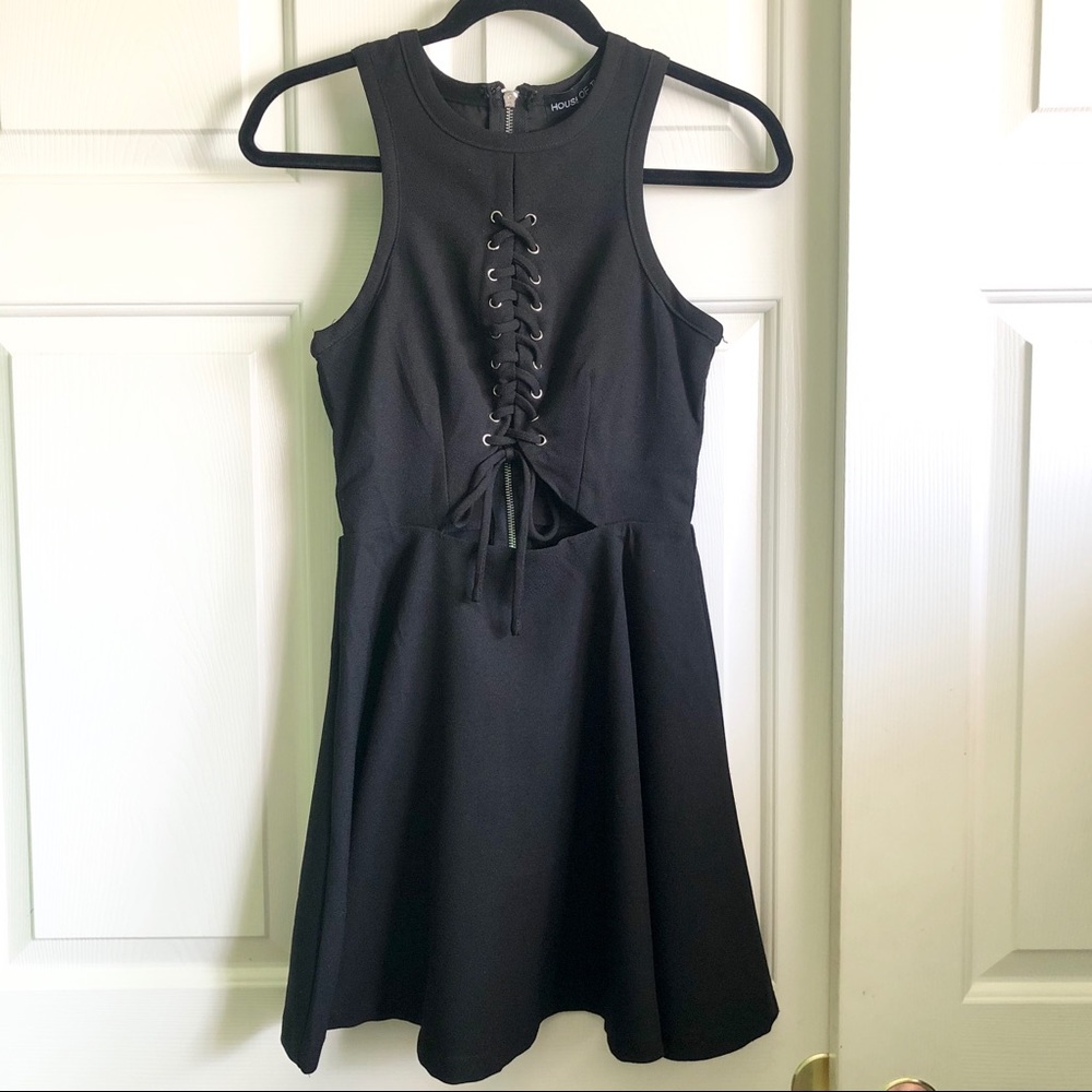Lace-up Front Mini Skater Dress | Black